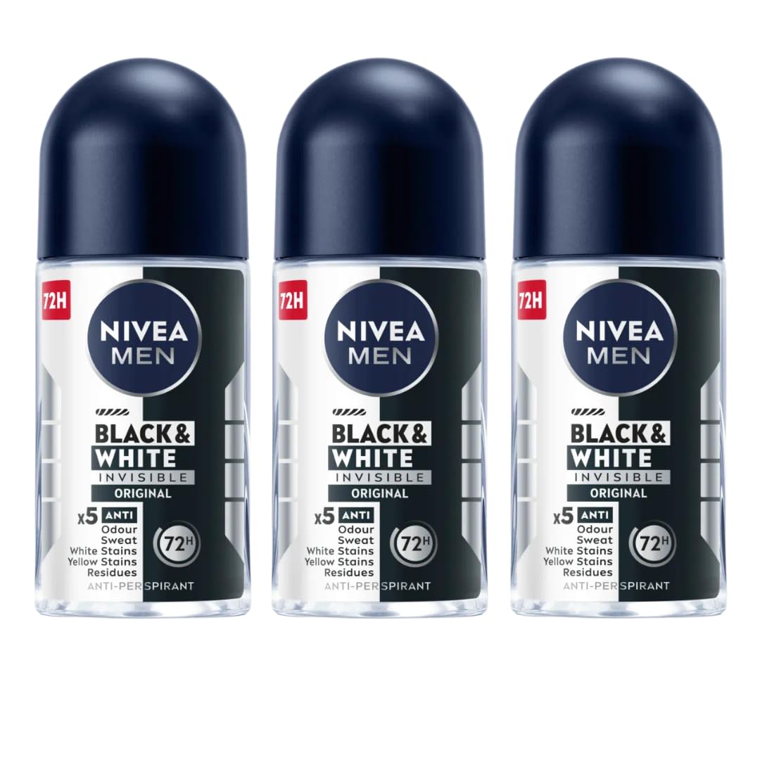 NIVEA Men Roll-On Deodorant Invisible Black & White Original, 72H Anti-Perspirant Protection, Fights Sweat & Body Odor, No White or Yellow Marks on Beauty and Personal Care NIVEA