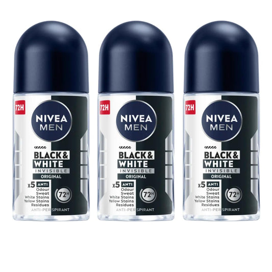 NIVEA Men Roll-On Deodorant Invisible Black & White Original, 72H Anti-Perspirant Protection, Fights Sweat & Body Odor, No White or Yellow Marks on Beauty and Personal Care NIVEA