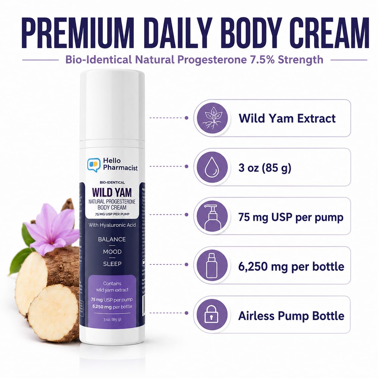 HelloPharmacist BioIdentical Progesto Cream 75mg MAX - Hormone Balancing Skin Moisturizer with Hyaluronic Acid, Plant-Based, Non-GMO, Gluten-Free Beauty & Personal Care HelloPharmacist