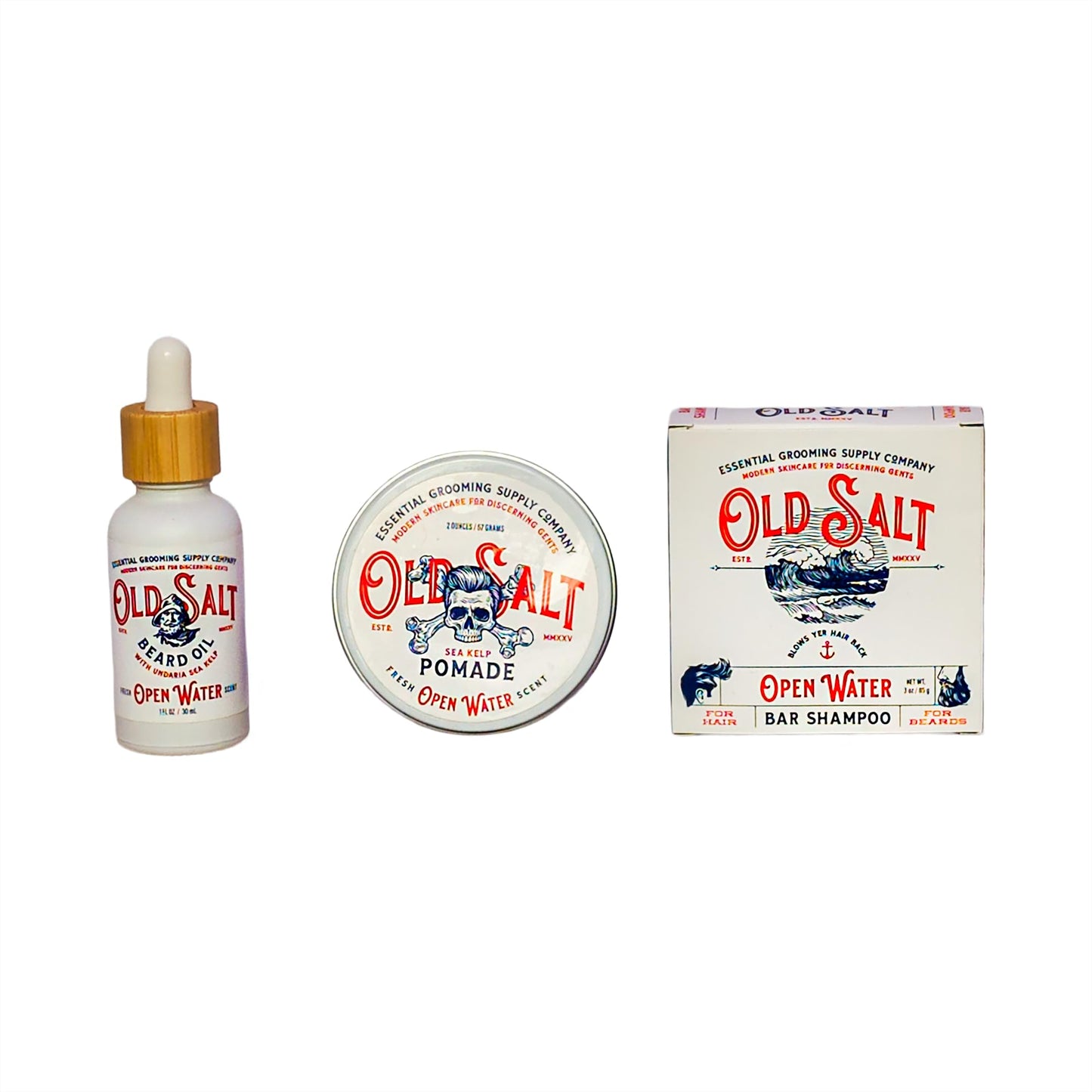 Open Water Trio - Old Salt Grooming Supply - Beard Oil, Pomade and Bar Shampoo Set with Undaria Sea Kelp - Handcrafted, Natural, No Harsh Chemicals Beauty & Personal Care Old Salt