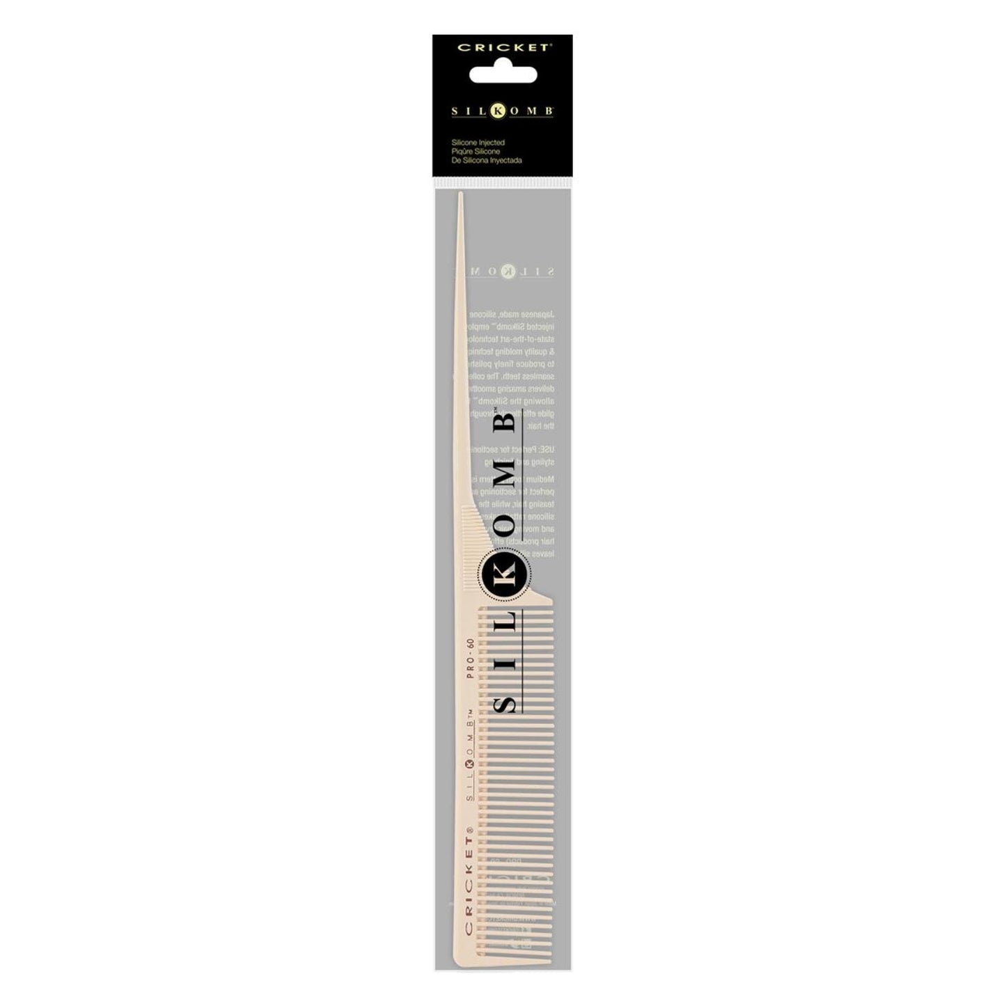 Cricket Silkomb Pro-60 Medium Tooth Rattail Comb - Japanese-Made, Silicone-Injected Design with Seamless Teeth for Precision Sectioning, Teasing Beauty & Personal Care Cricket
