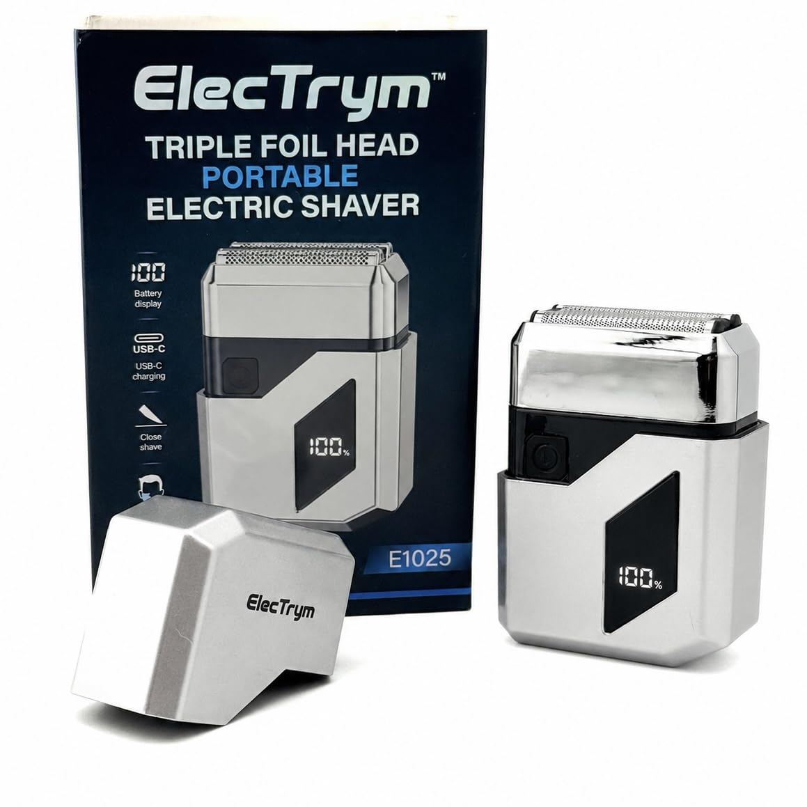 ElecTrym E1025 Triple Foil Head Compact Wet/Dry Electric Shaver for Men, Cordless Razor with LED Battery Display, USB-C Charging, 3 Floating Heads Beauty and Personal Care ElecTrym