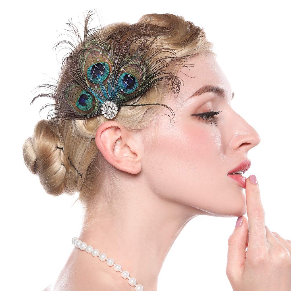 Aimimier 1920s Flapper Peacock Feather Hair Clip Crystal Hair Piece Vintage Roaring 20s Prom Party Festival Hair Accessories for Women Beauty & Personal Care Aimimier