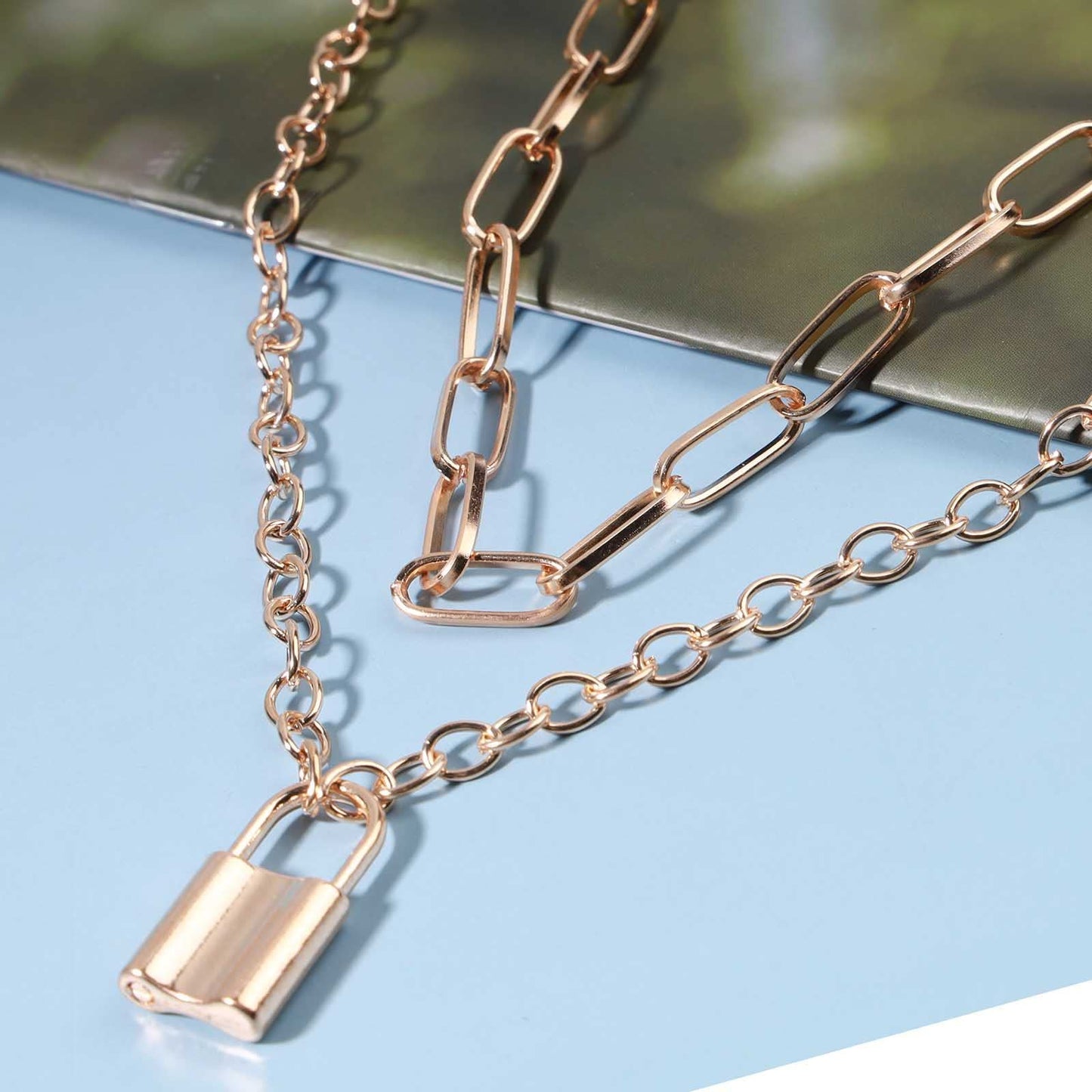 Yheakne Punk Layered Lock Choker Necklace Gold Padlock Pendant Necklace Chunky Paper Clip Chain Necklace Vintage Statement Necklace Chain Jewelry Beauty & Personal Care Yheakne