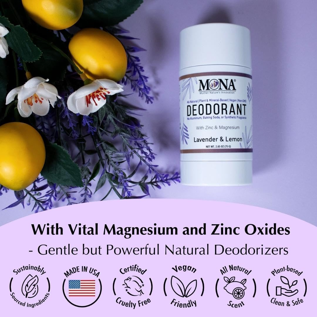 MONA BRANDS All Natural Magnesium Deodorant for Women & Men - Aluminum, Baking Soda, & Synthetic Fragrance Free for Sensitive Skin (Lavender Lemon) Beauty and Personal Care MONA