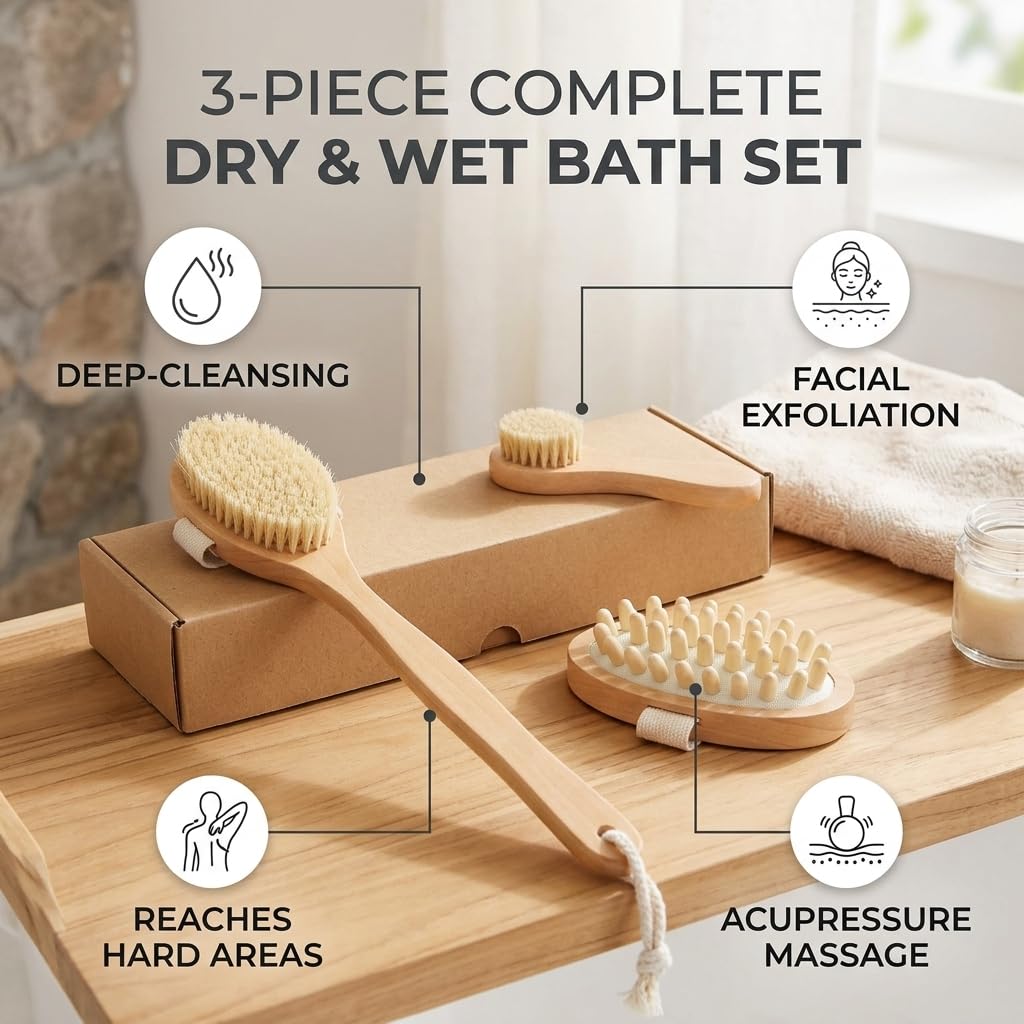 Dry Brushing Body Brush Set with Long Handle, 3-in-1 Detachable Shower Brush for Back, Acupressure Massage Brush & Face Brush, Natural Boar Bristle Beauty and Personal Care Eatbuy