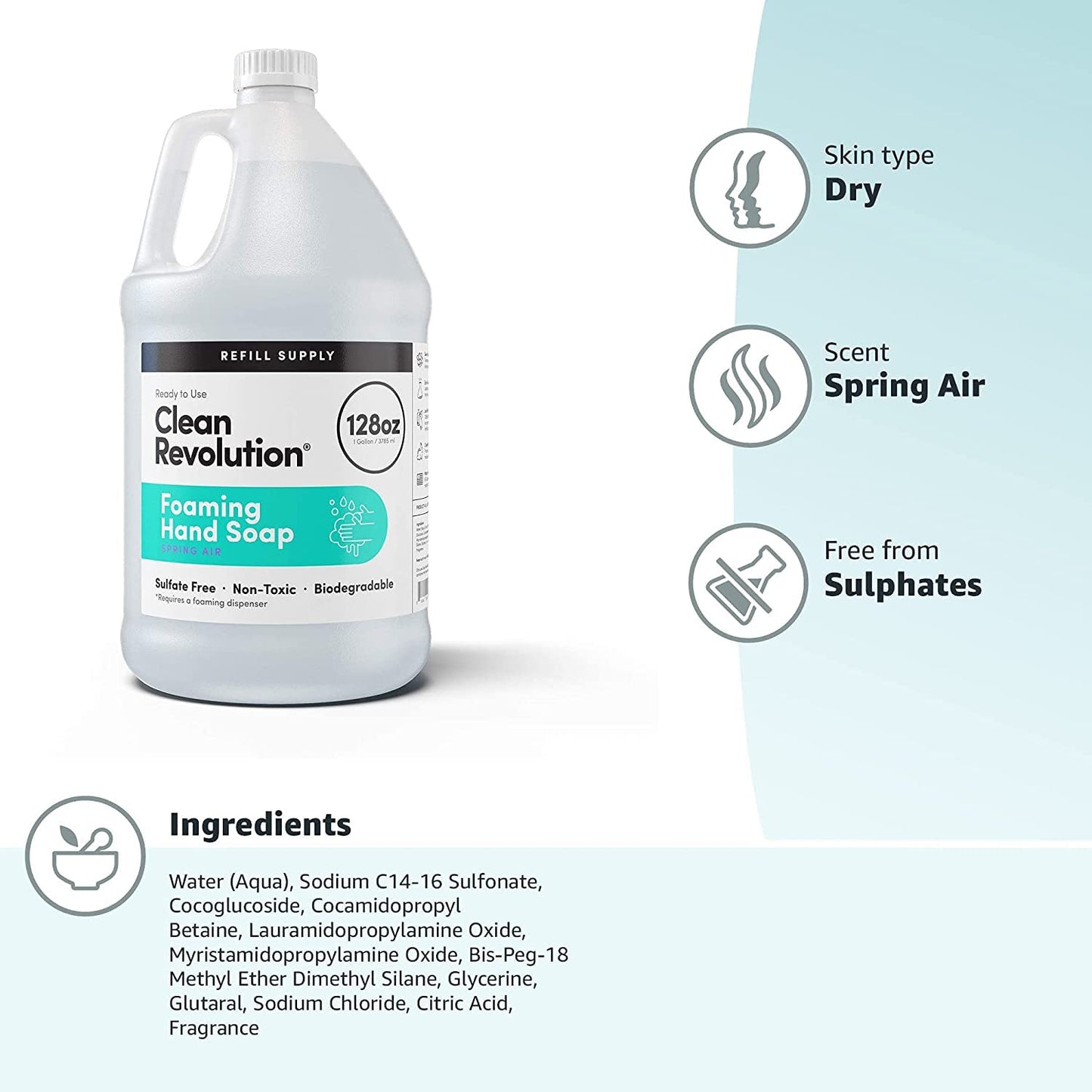 Clean Revolution Foaming Hand Soap Refill Supply Container, Ready to Use Formula, Spring Air Fragrance, Gluten Free, 128 Fl. Oz Beauty & Personal Care Clean Revolution