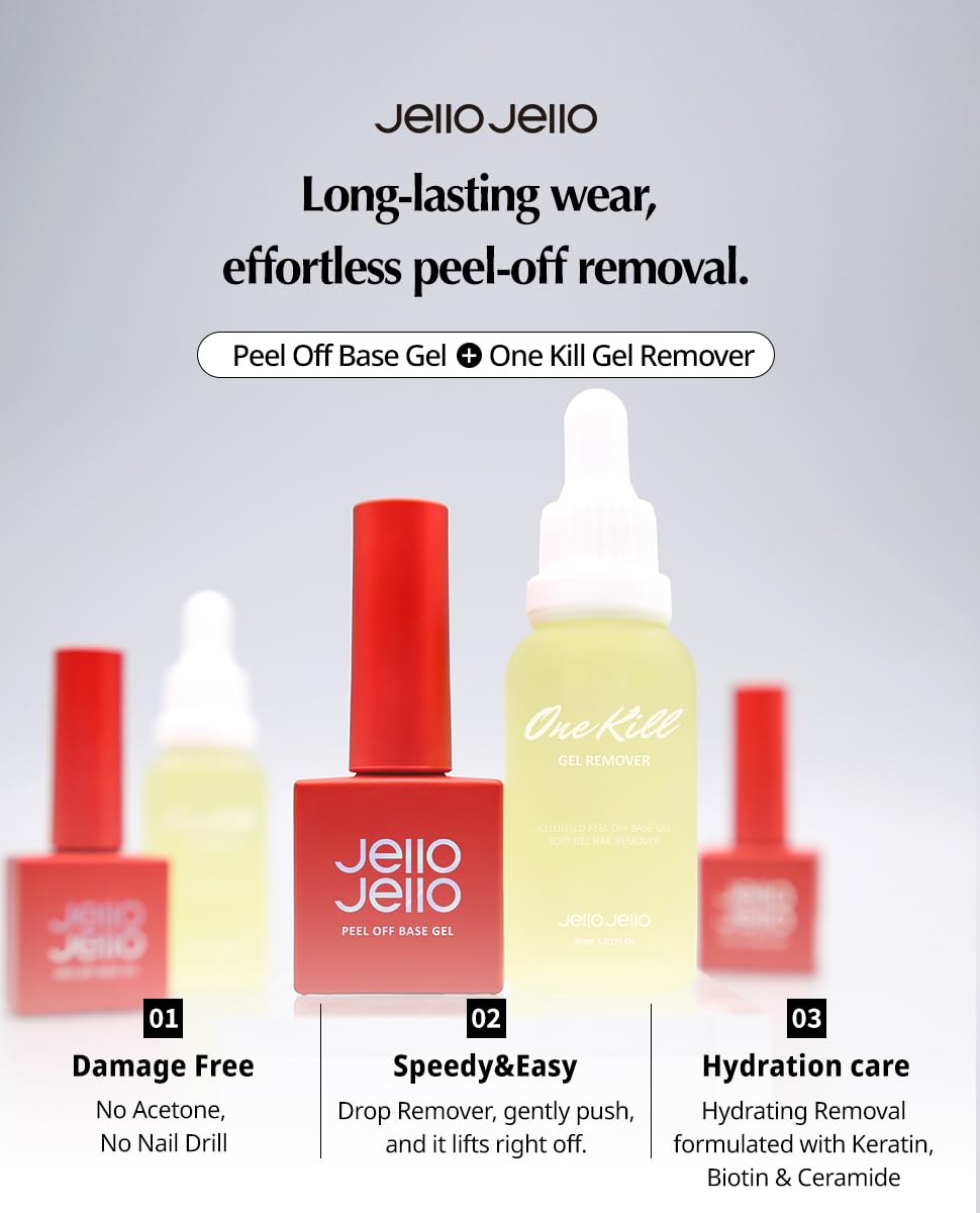 JelloJello Peel-Off Base Gel (10ml) + OneKillGelRemover (30ml) Set Peelable Nail Base, Easy Removal, Self Nail, UV/LED Cure Beauty and Personal Care JelloJello