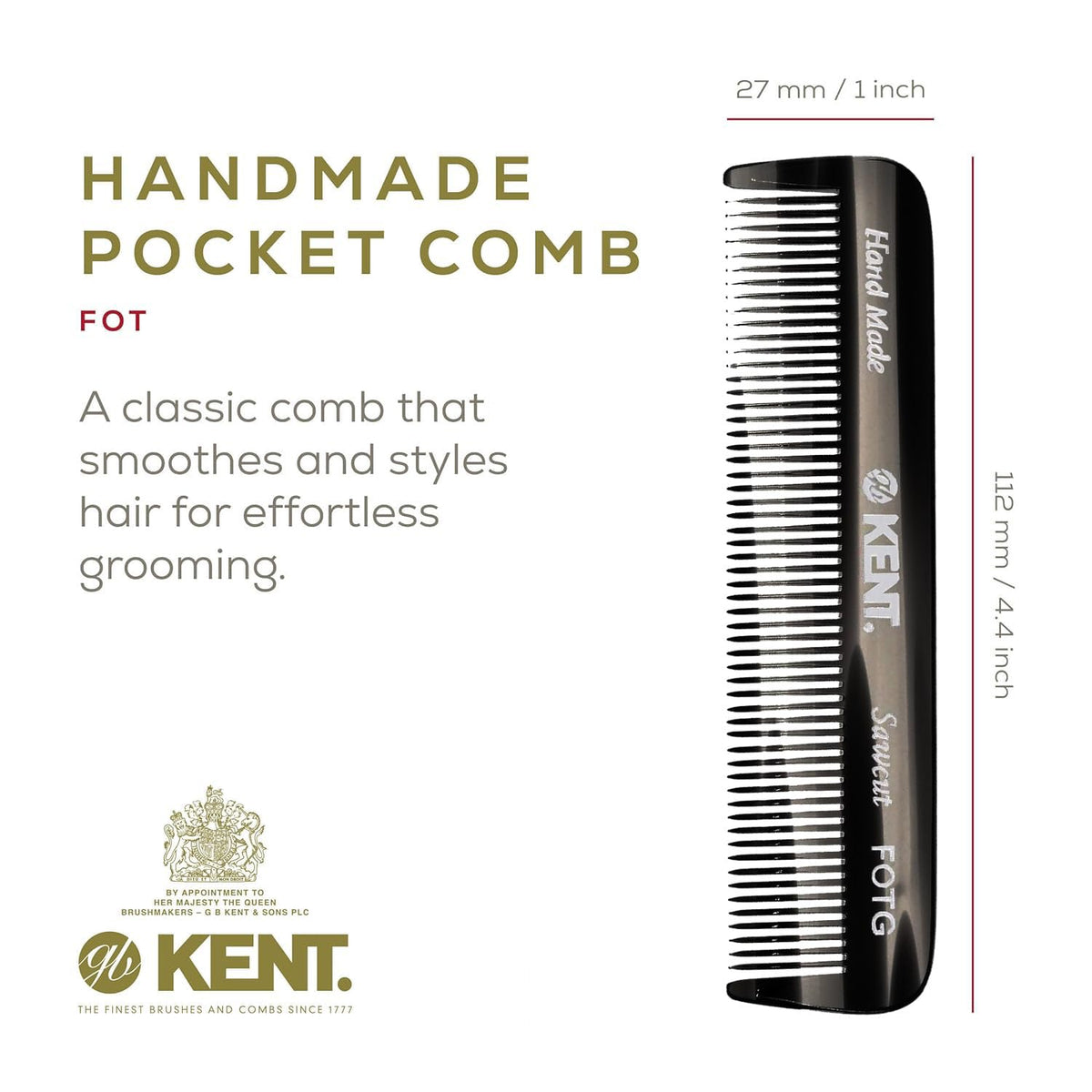 Kent A FOT Handmade Pocket Comb for Men, Women and Kids, All Fine Tooth Hair Comb Straightener for Everyday Grooming and Styling Hair, Beard and