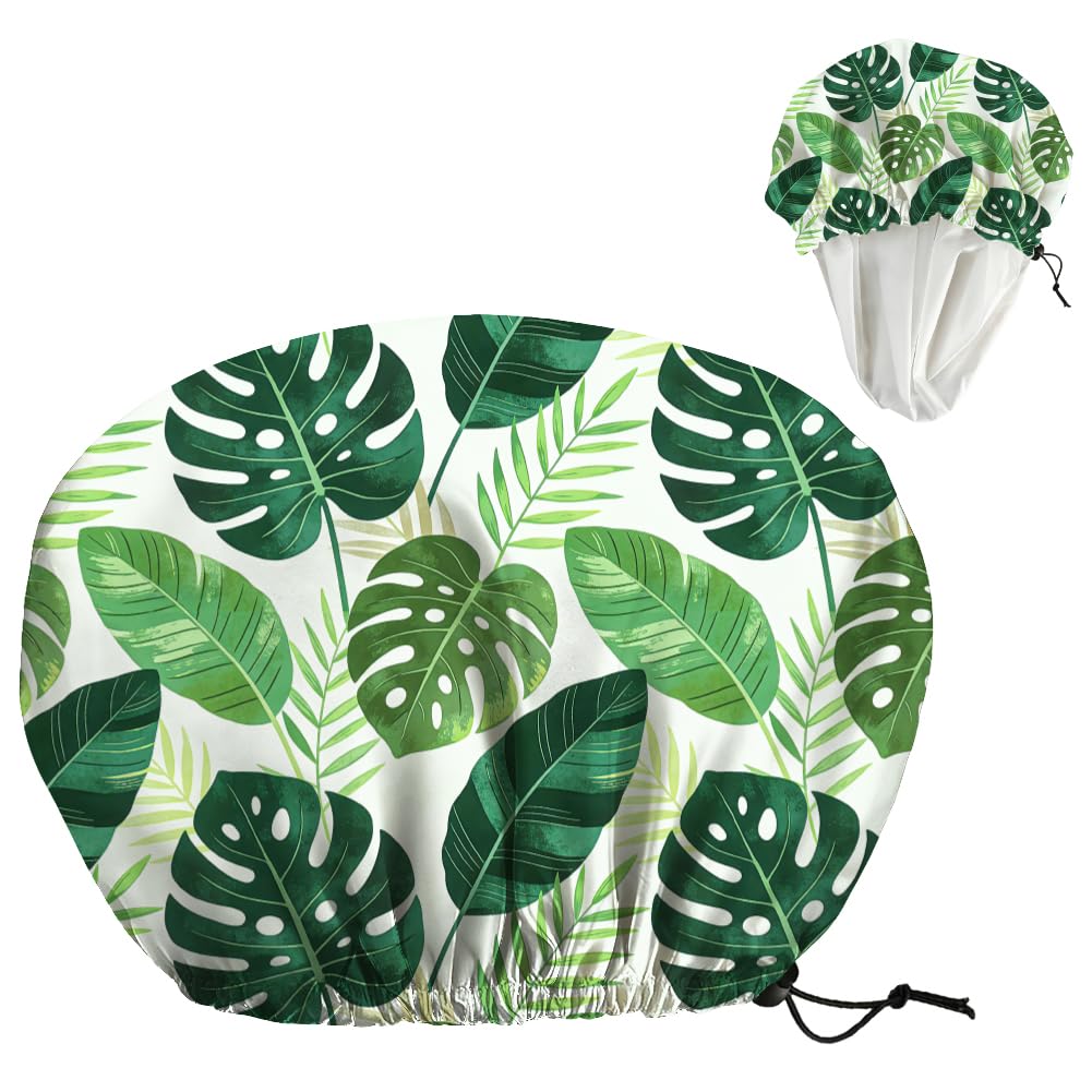 DELORIGIN Tropical Leaves Reusable Shower Cap Green Monstera Double Layer Waterproof Shower Caps Large Elastic Hair Cover Adjustable Hair - Drying Beauty and Personal Care DELORIGIN