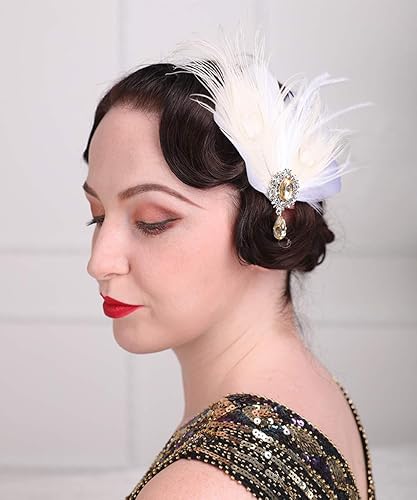 Aimimier Bridal 1920s Flapper Feather Hair Clip Crystal Teardop White Feather Roaring 20s Headpiece Prom Party Festival Hair Jewelry for Women Beauty & Personal Care Aimimier