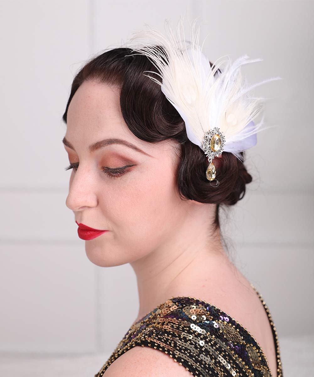 Aimimier Bridal 1920s Flapper Feather Hair Clip Crystal Teardop White Feather Roaring 20s Headpiece Prom Party Festival Hair Jewelry for Women Beauty & Personal Care Aimimier