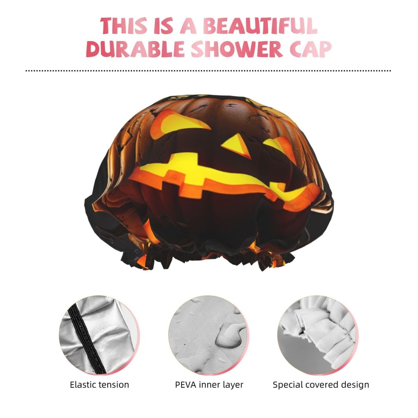 Halloween Pumpkin Shower Cap For Women Reusable Double Layers Bathing Bath Cap Hair Caps Waterproof Elastic Band Ladies Spa Salon Shower Hat Hair Caps Beauty and Personal Care GDSHJKLW