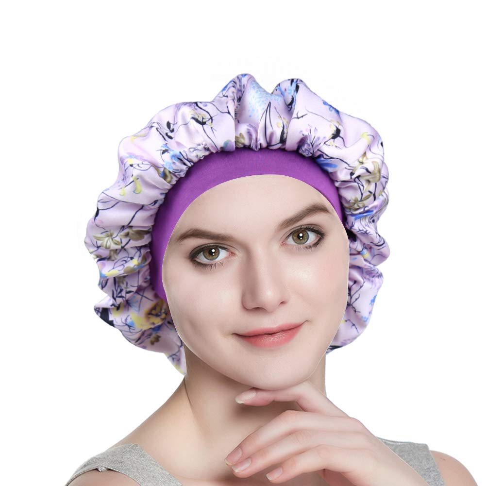 Chemo Cap Silk Nightcap for Women Wide Band Satin Bonnet for Hair Beauty Purple Floral Beauty and Personal Care Alnorm