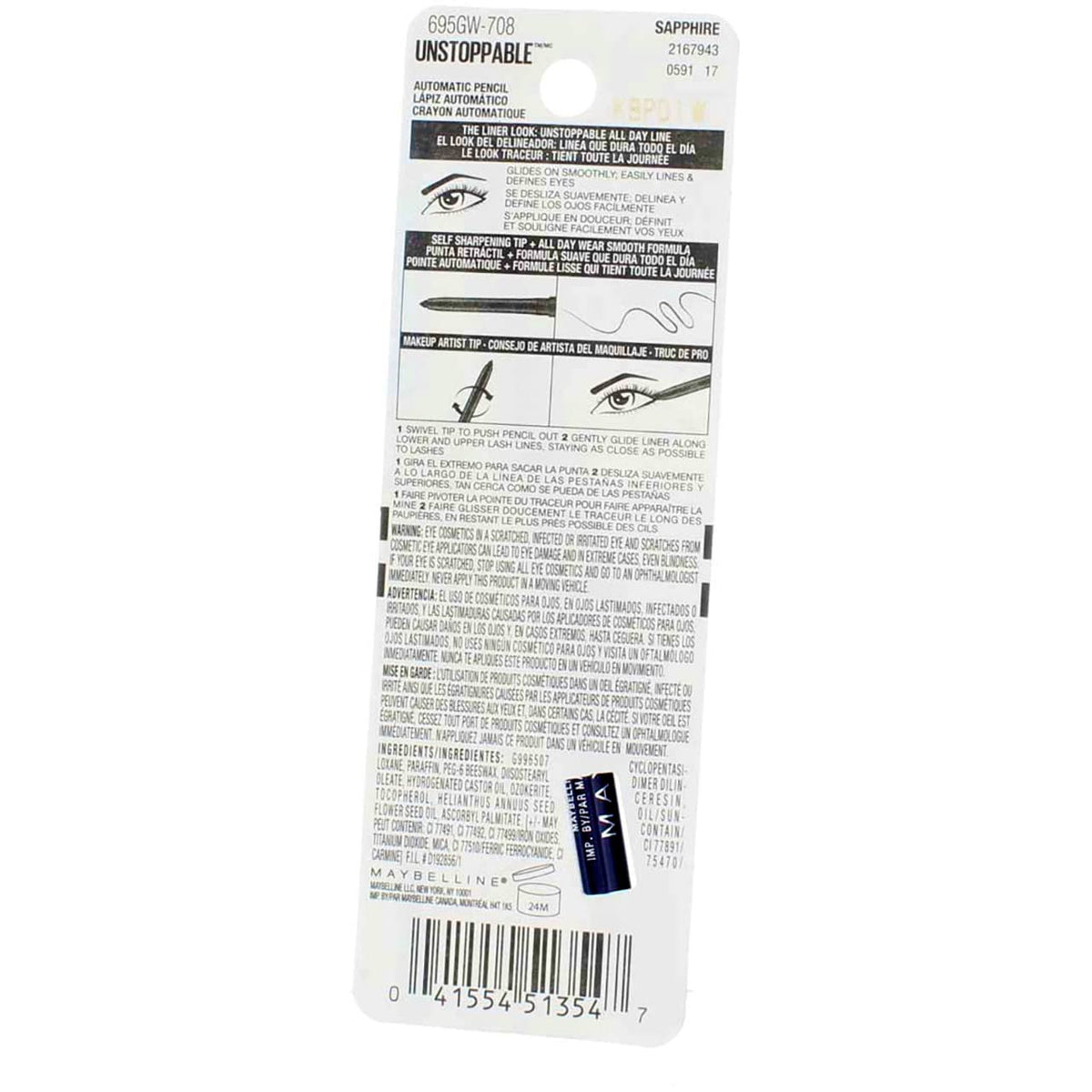 Maybelline New York Unstoppable Waterproof Eyeliner, Sapphire [708] 0.01 oz (Pack of 3)