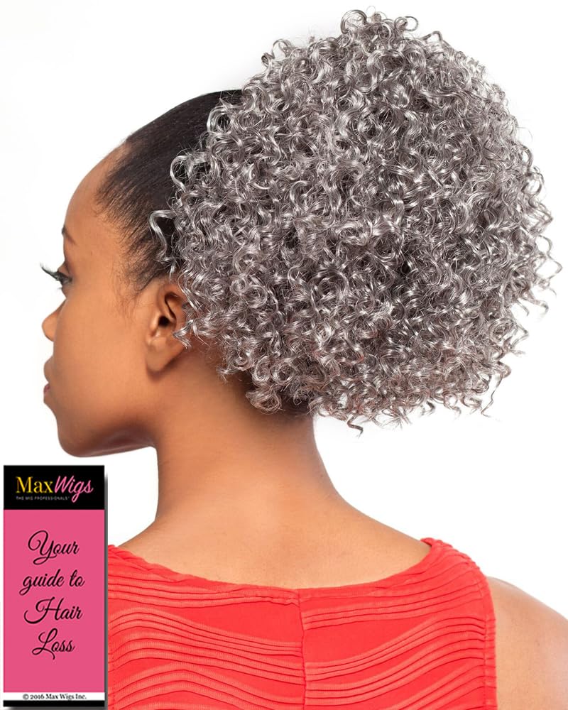 DS005 Curly Ponytail Color 44 Charcoal Gray - Foxy Silver Wigs 8-10" Length Drawstring Tight Curls Hairpiece Extension Synthetic Black Grey Full Bun