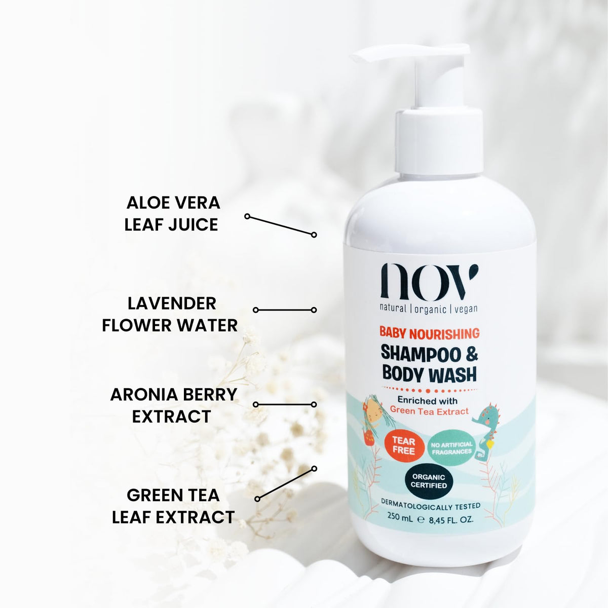 NOV natural organic vegan Baby Shampoo & Body Wash | Tear-Free, Plant-Based Formula for Gentle Cleansing, Nurturing, and Ethical Care, Free from