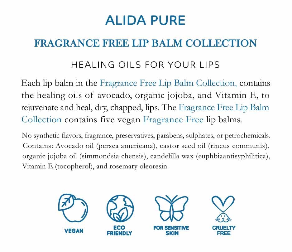 ALIDA PURE Fragrance Free Lip Balm, Vegan Set, Unscented, No Flavor, Beeswax Free, Organic Jojoba and, Avocado Oil, Vitamin E, Natural Moisturizer Beauty & Personal Care ALIDA PURE