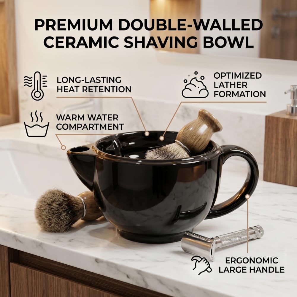 GOWENIC Shaving Soap Bowl for Men, Lather Mug Cup for Wet Shaving Beard Care, Double Layer Shave Cream Dish for Straight or Barber Vane/Wing, Men Beauty and Personal Care GOWENIC