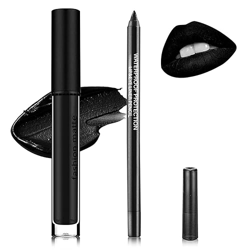 BKPPLZP 2Pcs Black Lip Liner and Lipstick Set,Matte Black Liquid Lipstick Smudge Proof Non-Stick Cup Long Wear Waterproof Lip Gloss Liner Set,High Beauty & Personal Care BKPPLZP