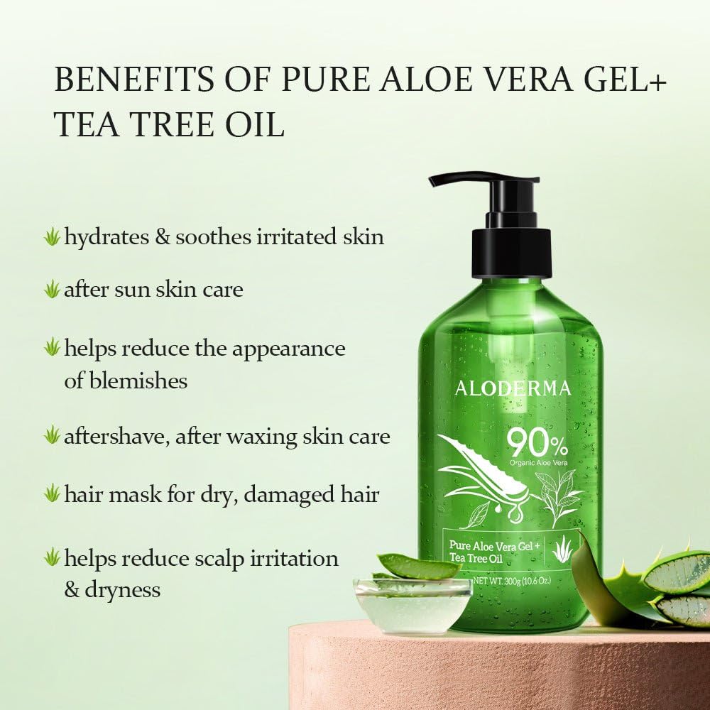 Aloderma Organic Aloe Vera Gel for Skin + Tea Tree Oil, Made within 12 Hours of Harvest, Soothing Pure Aloe Vera Gel for Face, Works Great for Oily Beauty & Personal Care Aloderma
