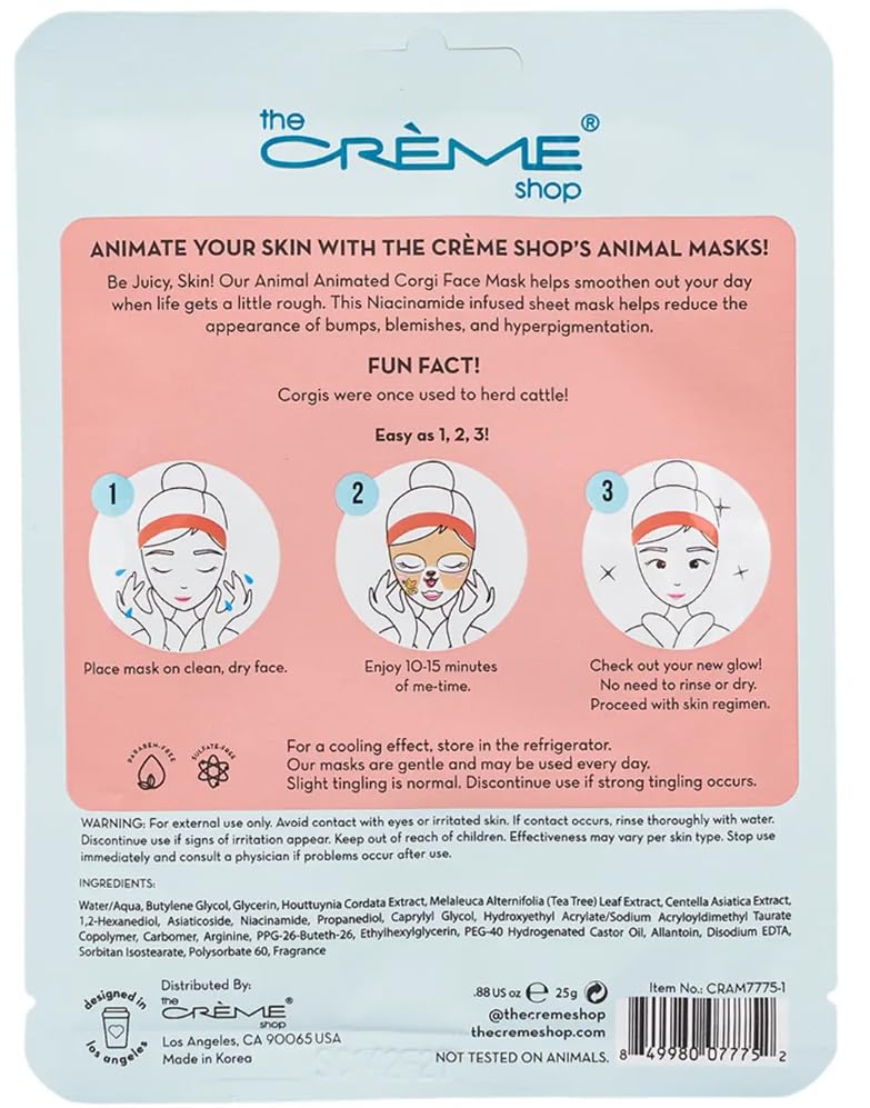 The Crme Shop Be Juicy, Skin! Animated Corgi Face Mask with Niacinamide, K-Beauty Sheet Mask for Brightening and Pore Minimizing, 10 Pack Beauty & Personal Care The Crème Shop
