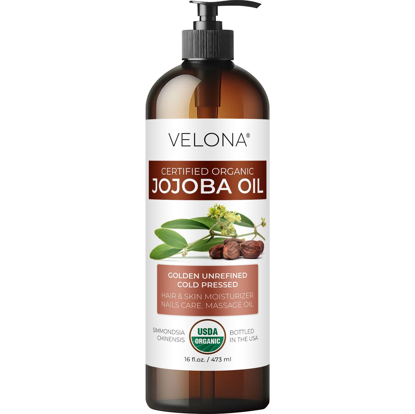 velona Jojoba Oil USDA Certified Organic - 16 fl oz (With Pump) | 100% Pure and Natural | Golden, Unrefined, Cold Pressed, Hexane Free | Moisturizing Beauty & Personal Care velona