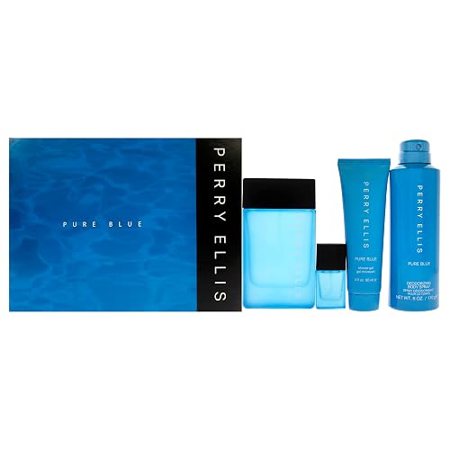 Perry Ellis Perry Ellis Pure Blue 3.4oz EDT Spray, 3oz Shower Gel, 6oz Deodorant Body Spray, 7.5ml Travel EDT Spray Men 4 Pc Gift Set Beauty & Personal Care Perry Ellis
