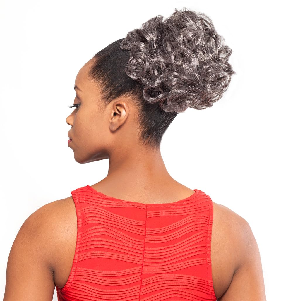 DS004 Curly Ponytail Color 280 - Foxy Silver Wigs 6" Short Length Drawstring Larger Curls Hairpiece Extension Synthetic Black Grey Bun Womens Bundle