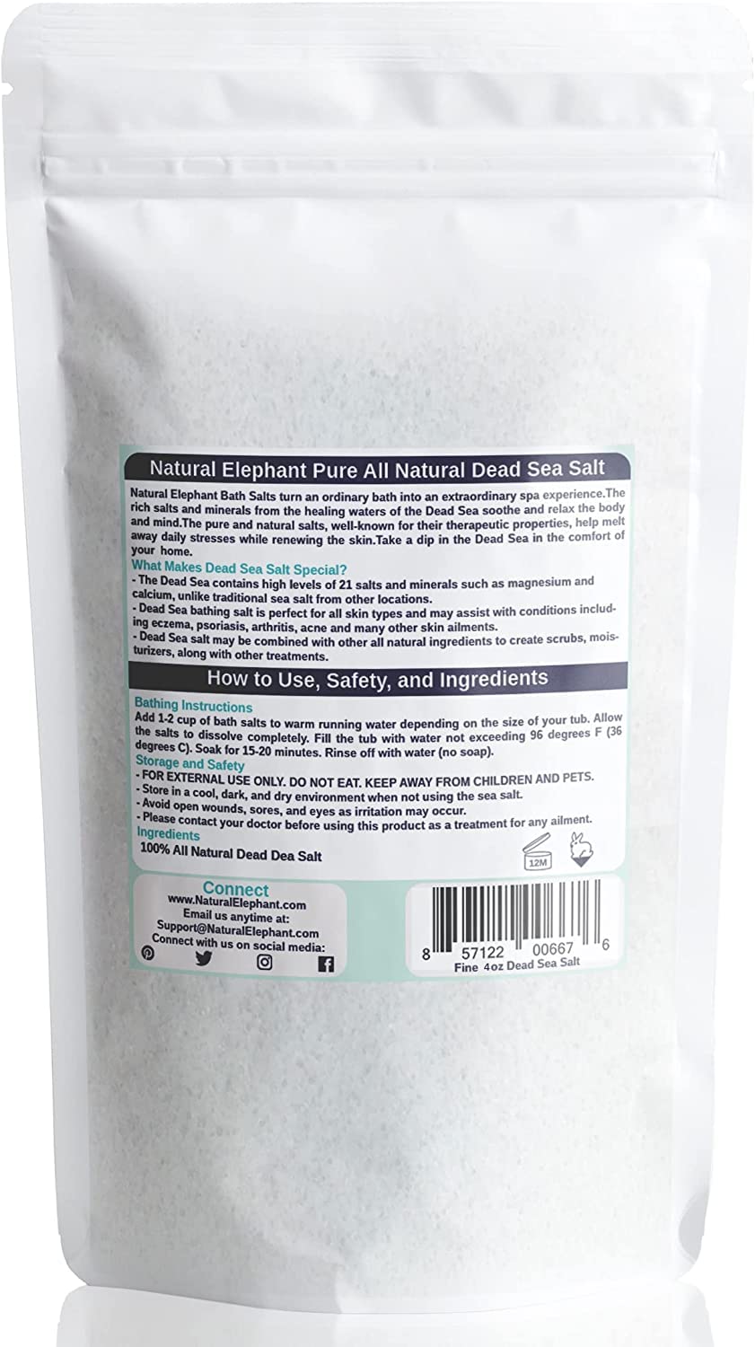 Natural Elephant Dead Sea Bath Salt - 0.25 lbs (4 oz) Trial Size - 100% Natural and Pure - Fine Grain - Perfect for Bathing and Soothing Soaks Beauty and Personal Care Natural Elephant
