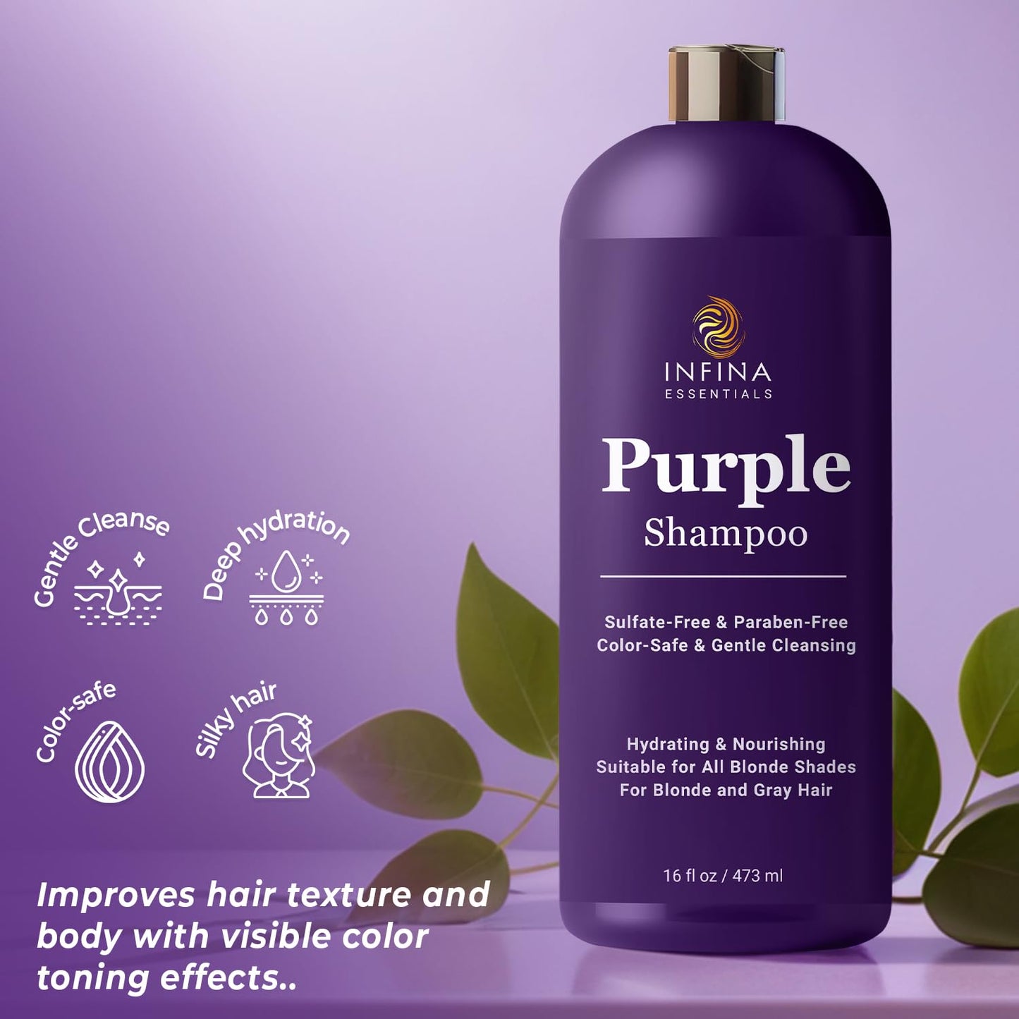 INFINA ESSENTIALS Purple Shampoo for Blondes, Gray, Brassy & Color Treated Hair, Sulfate Free, Enriched with Green Tea & Chamomile & Avocado Oil Beauty & Personal Care INFINA ESSENTIALS