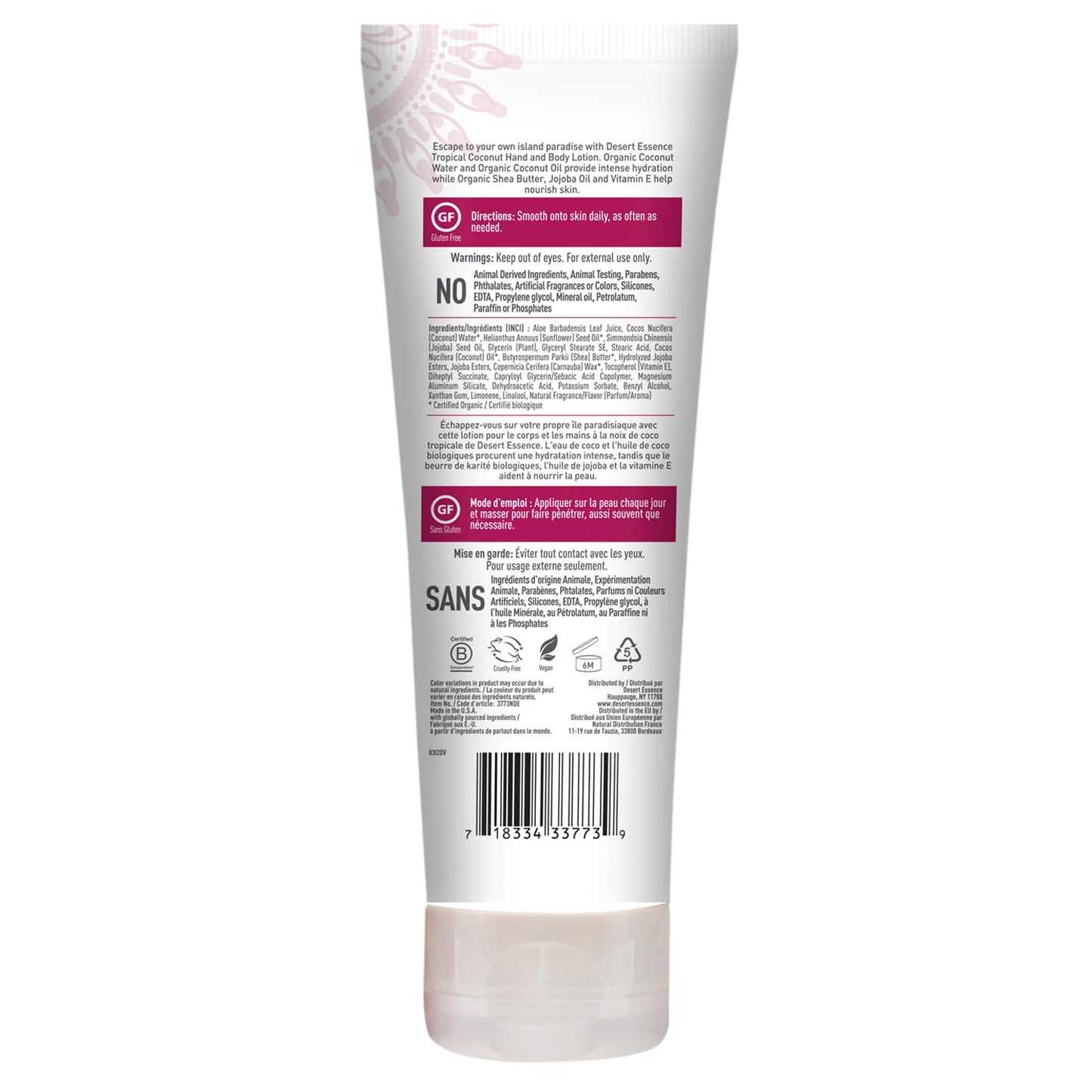 Desert Essence, Tropical Coconut Hand & Body Lotion 8 fl. oz. - Gluten Free - Vegan - Cruelty Free - Coconut Oil, Jojoba Oil & Vitamin E - Intense Beauty & Personal Care Desert Essence