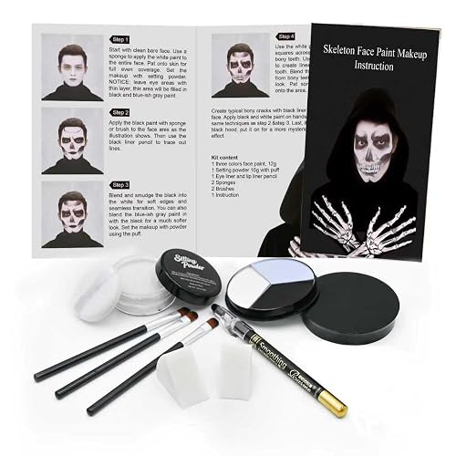 Professional Halloween Skeleton Makeup Kit, Full Face & Body Paint Set with Dual-End Brushes, Setting Powder & Easy-Grip Sponges, Ideal for SFX Beauty & Personal Care Js2U ZW