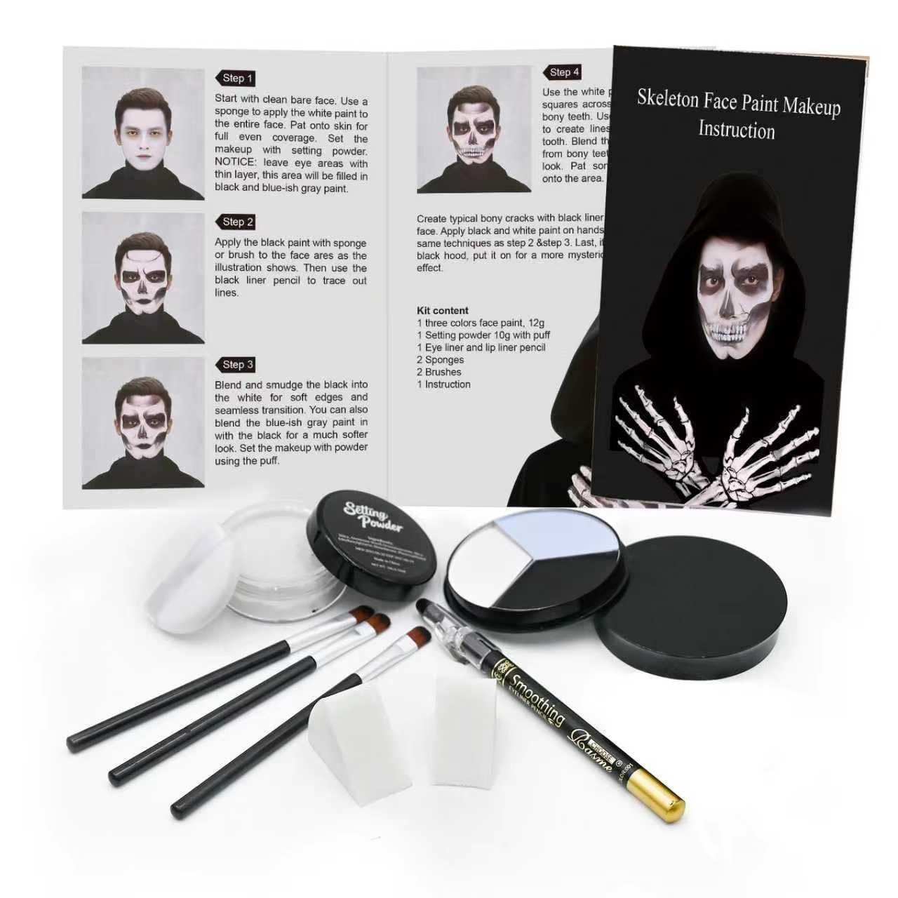 Professional Halloween Skeleton Makeup Kit, Full Face & Body Paint Set with Dual-End Brushes, Setting Powder & Easy-Grip Sponges, Ideal for SFX Beauty & Personal Care Js2U ZW