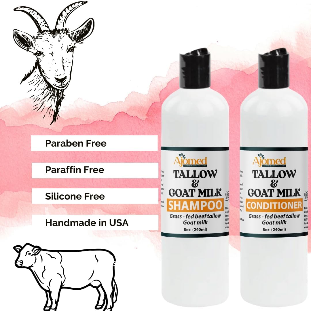 AJOMED Cosmetics Goat Milk and Tallow Shampoo - Tallow Moisturizing Hair Care for Dry, Damaged Split Ends - Silicone, Paraben, Sulfate Free Shampoo Beauty & Personal Care AJOMED COSMETICS