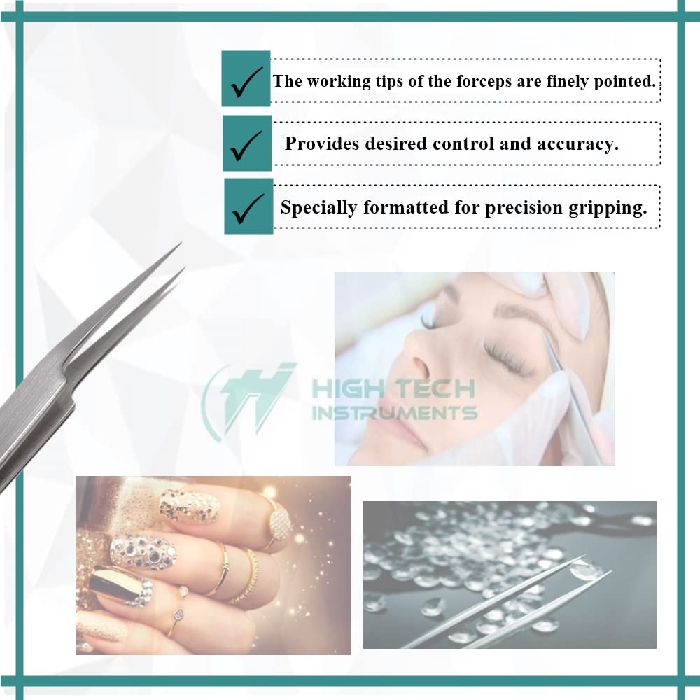 Professional Eyelash Tweezers Sharp, Needle Nose, Stainless Steel, Tweezers Precision Pluckers 4.75" with Fine Precision Tips for Facial Hair Beauty and Personal Care HIGH TECH INSTRUMENTS