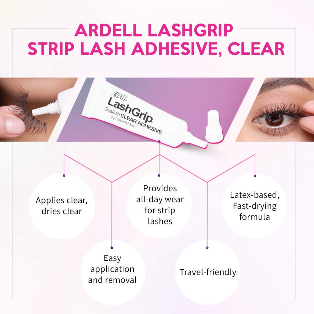 Ardell LashGrip Clear Strip Lash Adhesive for Strip Lashes - Waterproof & Long Lasting Eyelash Glue, Invisible Hold, Latex-Based, 0.25 oz