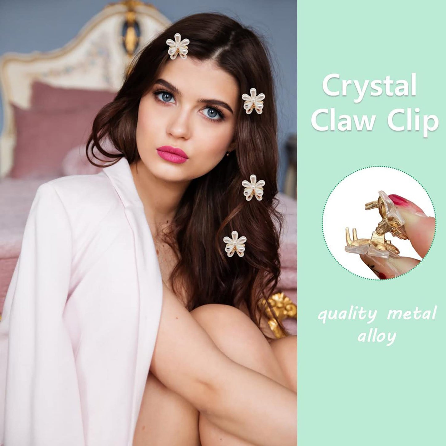 Doromy 16Pcs Small Faux Pearl Hair Claw Clips with Mini Crystal Floral Accents - Sweet Artificial Barrettes for Women and Girls Hair Clips Beauty & Personal Care Doromy