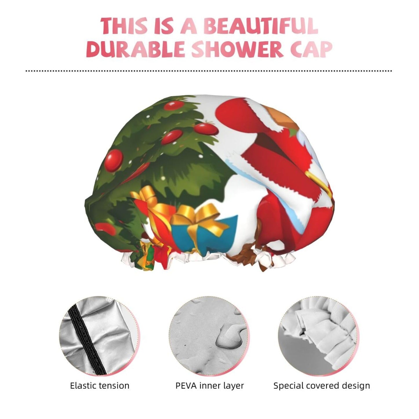 Santa Claus Christmas Tree Xmas Shower Cap for Women Men Large Reusable Shower Bonnet Double-Layer Waterproof Bath Caps Elastic Band Hair Hat for All Beauty and Personal Care BWLHJKE