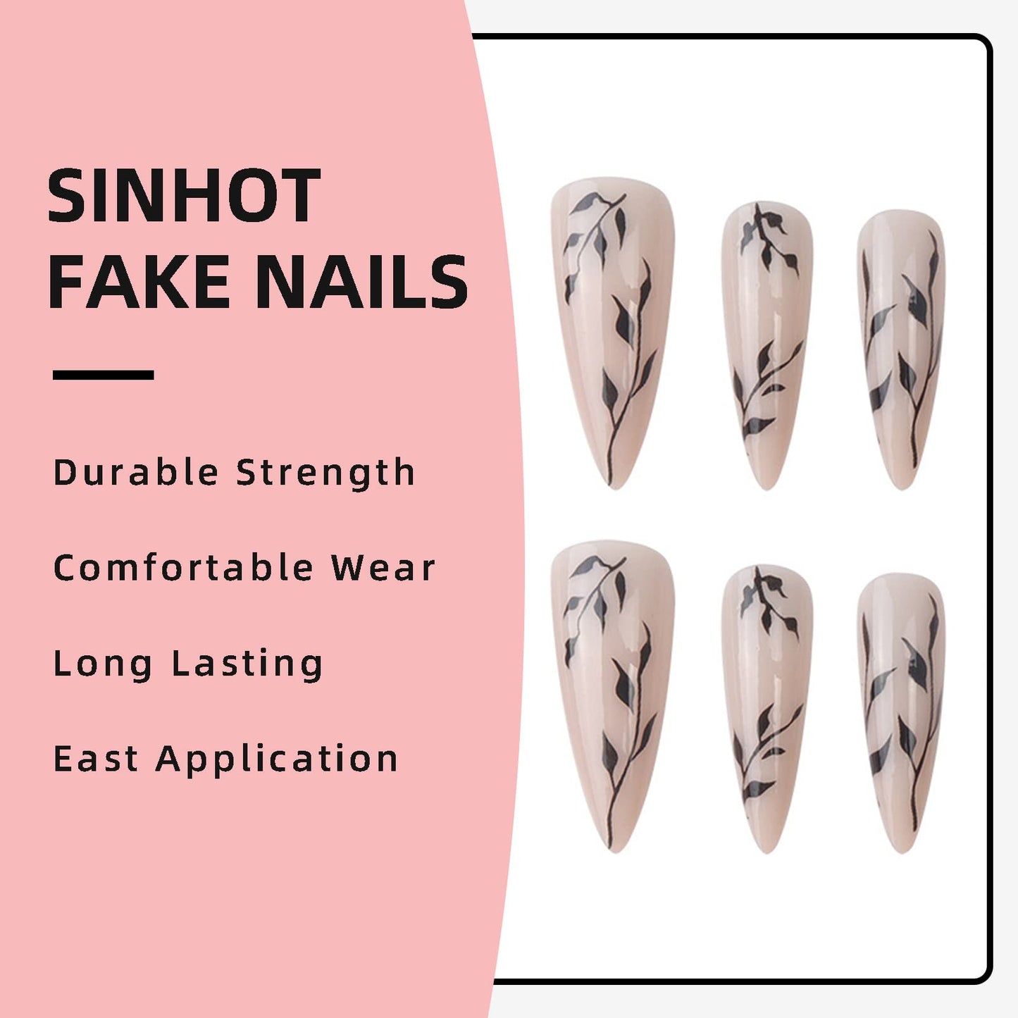 SINHOT Stiletto Press on Nails Extra Long Fake Nails with Glue Glossy False Nails with Black Leaves Designs Full Cover Almond Acrylic Nail 24pcs Beauty & Personal Care SINHOT