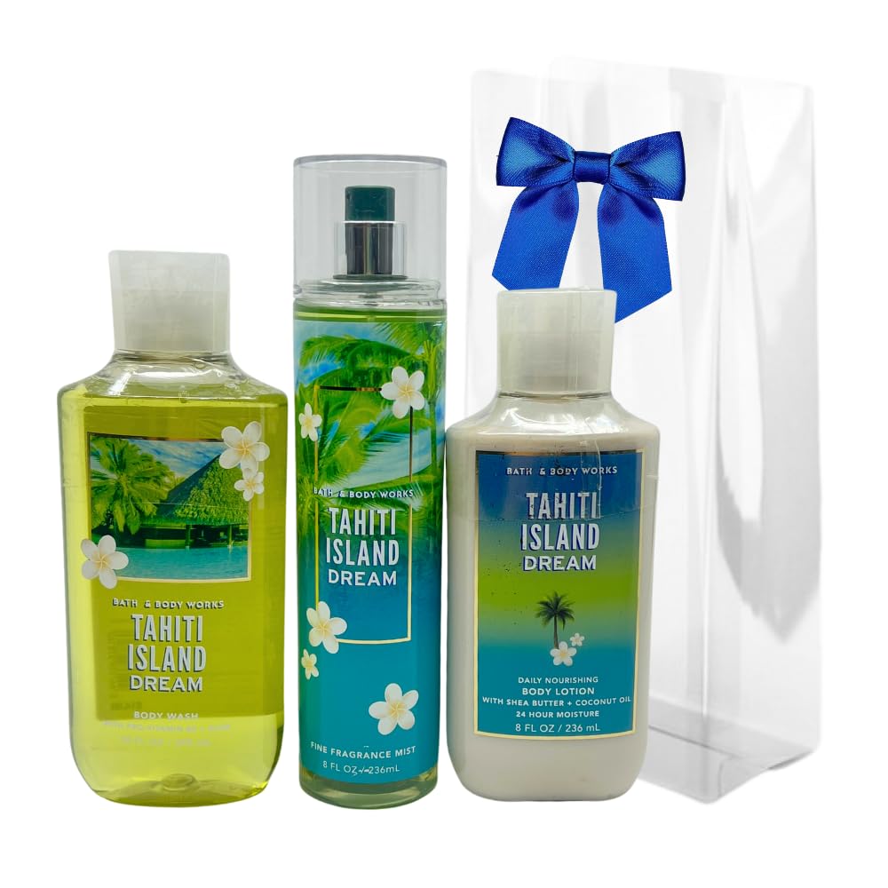 Bath & Body Works TAHITI ISLAND DREAM 3pc bundle - Mist, Body Wash, Body Lotion Gift Set with a Blue Bow for Holidays & Gifts - Full Size Beauty and Personal Care Bath & Body Works