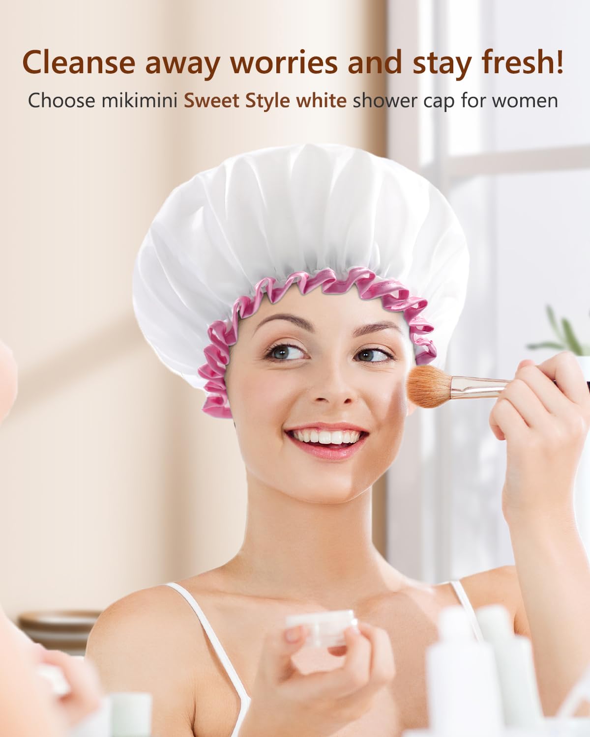 mikimini White Shower Cap Pack of 2 Waterproof Reusable Double Layers Bathing Hair Caps with Soft Comfortable PEVA Lining, Cute, Non-fading & Stretchy Beauty & Personal Care mikimini