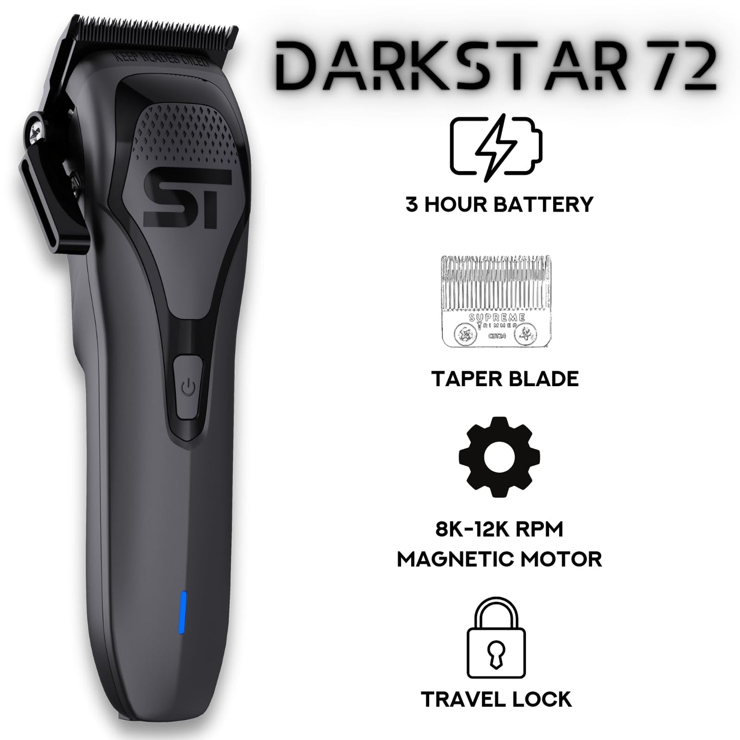 Supreme Trimmer Darkstar 72 Clipper with Magnetic Vector Motor - 180 Min Run Time, 9000 RPM Barber Hair Clipper - Low Noise, Professional Clipper DLC Beauty and Personal Care Supreme Trimmer