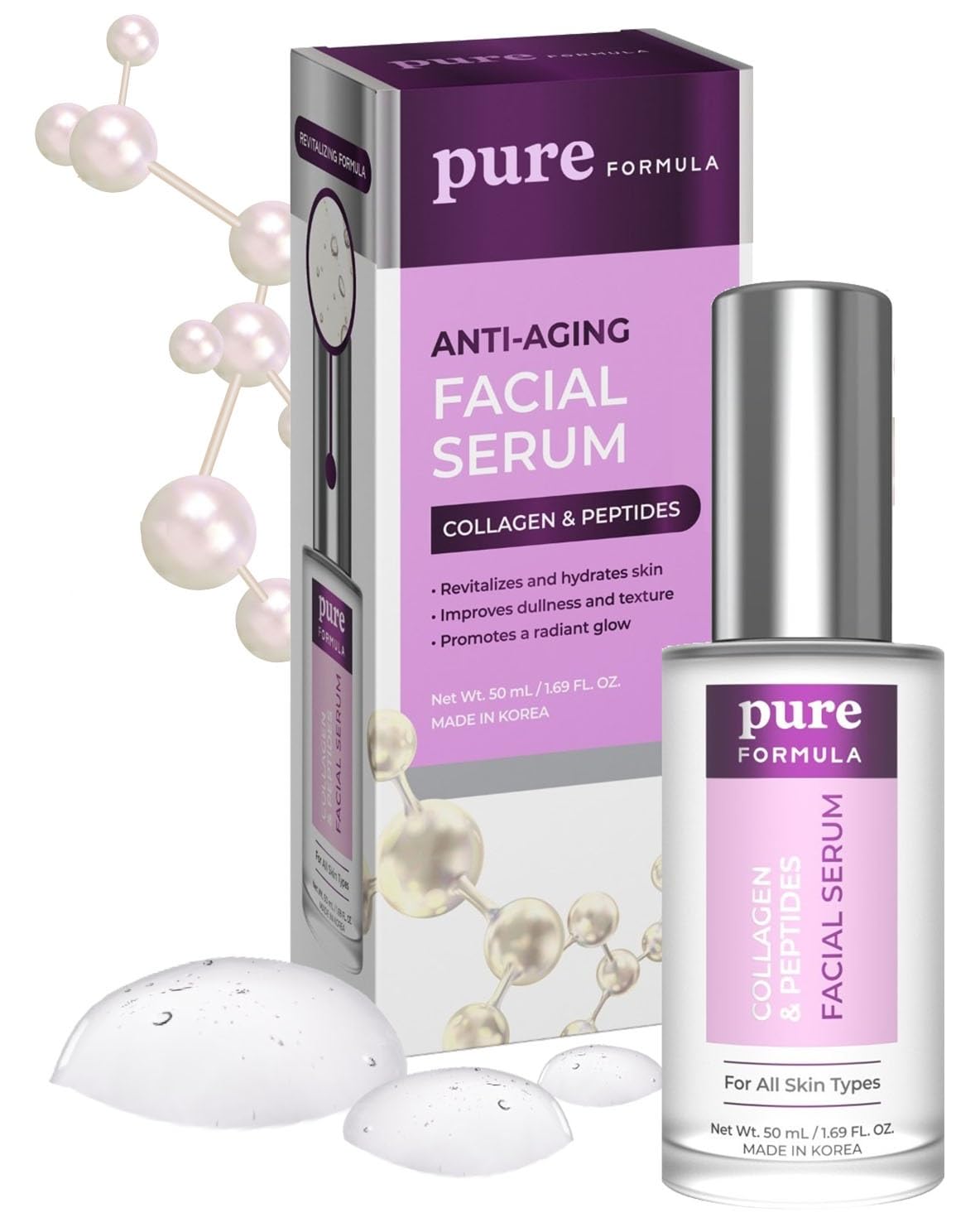 Pure Formula Collagen and Peptides Face Serum - Reduce Wrinkles & Fine Lines, Moisturizing, Skin Firming & Lifting Facial Serum - Cruelty Free Korean Beauty & Personal Care Pure Formula