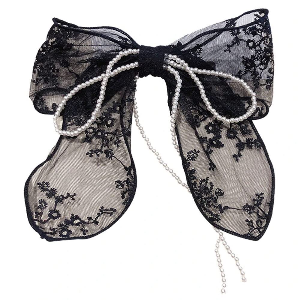 Sovenny 3 Pieces Lace Bow Pearl Chain Hair Clips Flower Embroidery Non Slip Hair Bow Barrettes for Women and Girls (White, Beige, Black) Beauty & Personal Care Sovenny