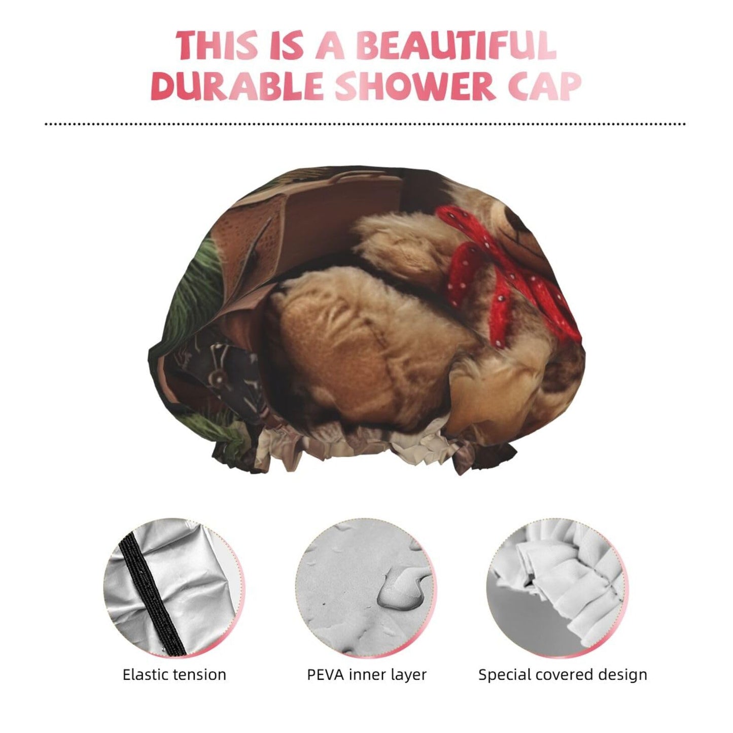 Xmas Tree Branch Bear Doll Shower Cap for Women Men Large Reusable Shower Bonnet Double-Layer Waterproof Bath Caps Elastic Band Hair Hat for All Beauty and Personal Care BWLHJKE