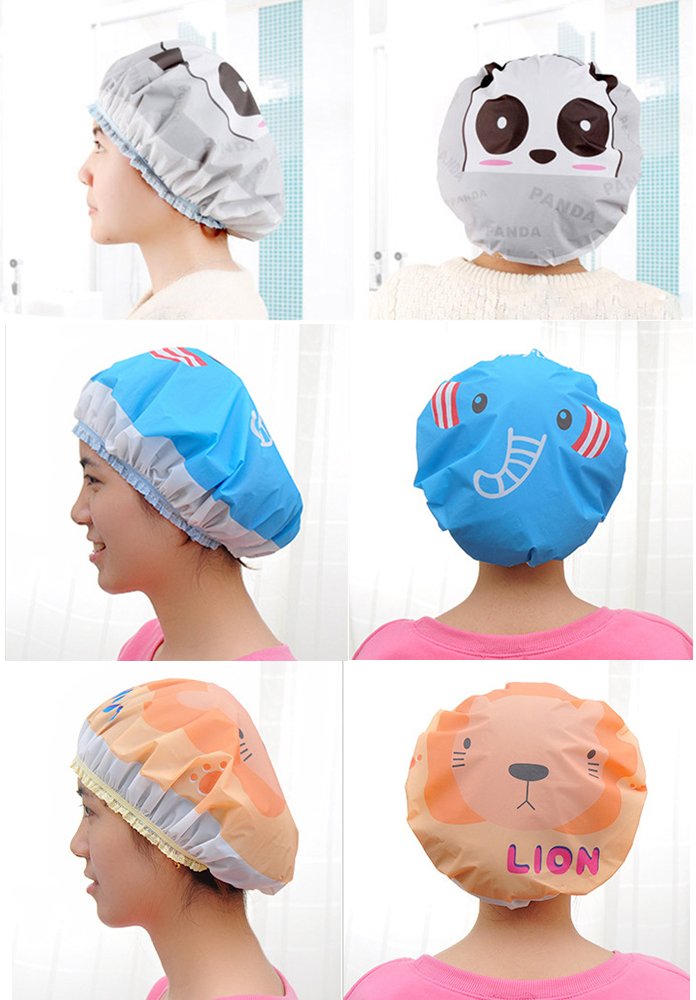 IXIAOPET Cute Cartoon Waterproof Elastic Shower Cap Bath Cap,Pack of 3 Pcs(Panda+Elephant+Lion) Beauty & Personal Care IXIAOPET