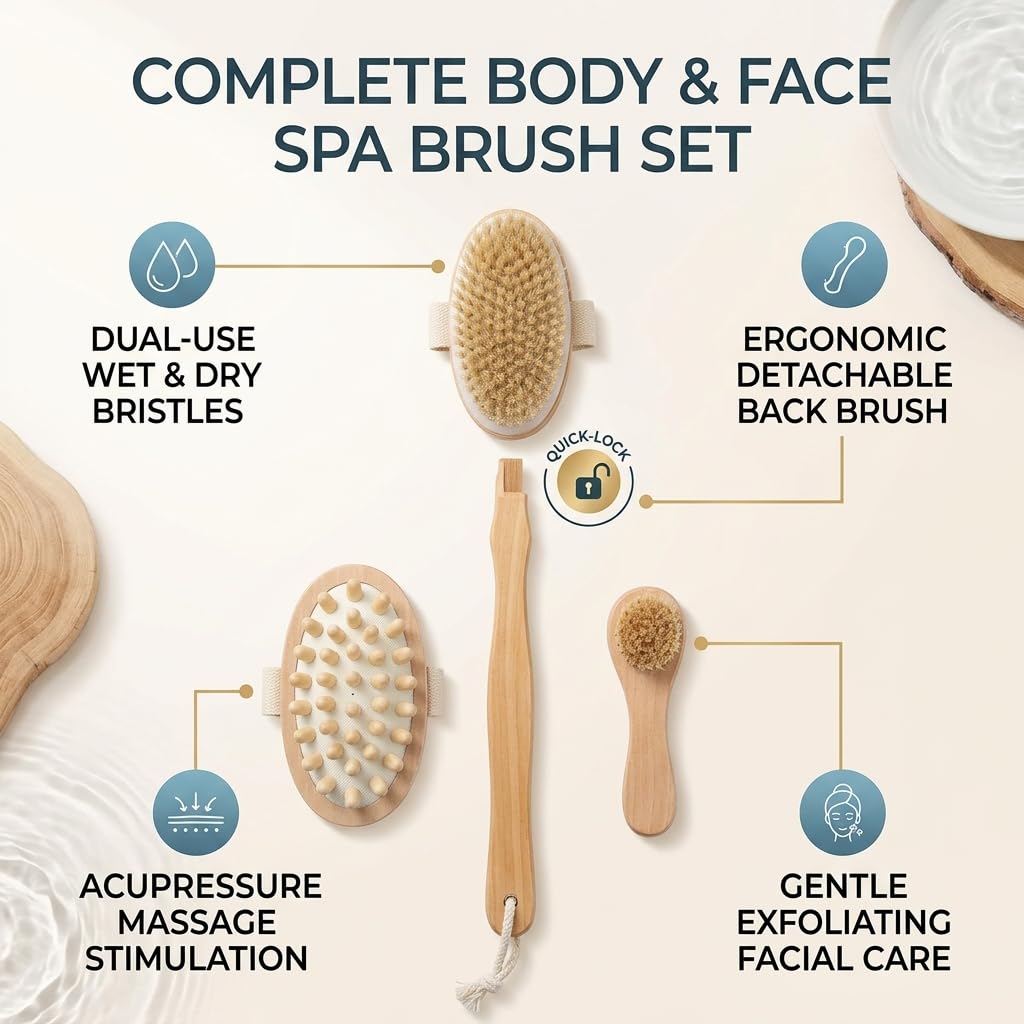 Dry Brushing Body Brush Set with Long Handle, 3-in-1 Detachable Shower Brush for Back, Acupressure Massage Brush & Face Brush, Natural Boar Bristle Beauty and Personal Care Eatbuy