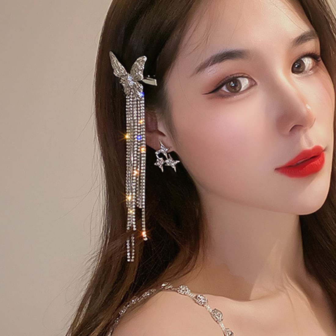 Wekicici Butterfly Rhinestone Tassel Clips Rhinestone Hair Clips Butterfly Tassel Hair Accessories for Women and Girls, silver Beauty & Personal Care wekicici