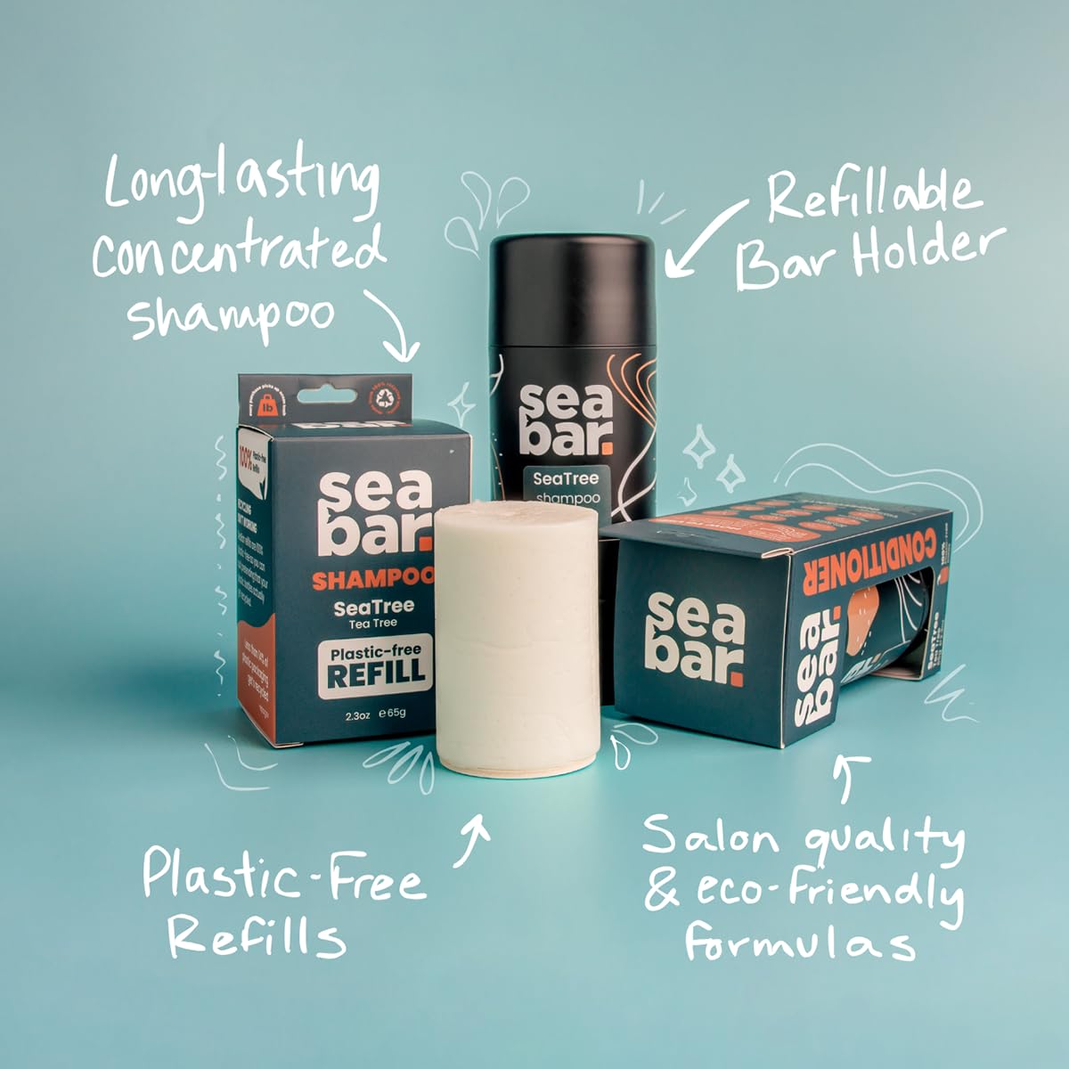 SeaBar Shampoo & Conditioner Bar Set - All Natural Hair Shampoo - Vegan, Sulfate-Free, Eco Friendly Zero Waste Reusable Packaging with Travel Beauty & Personal Care SeaBar
